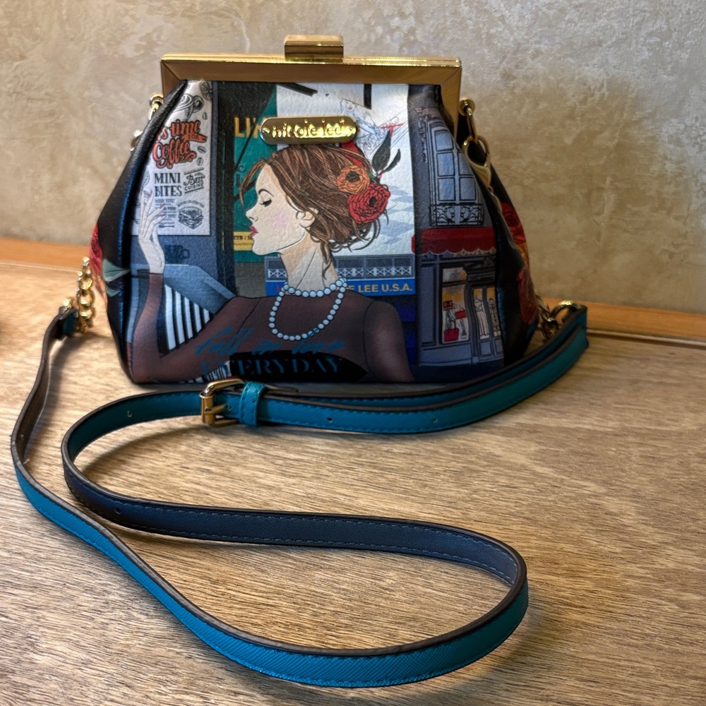Nicole Lee Teal and Black Illustrated Frame-Top Crossbody cute